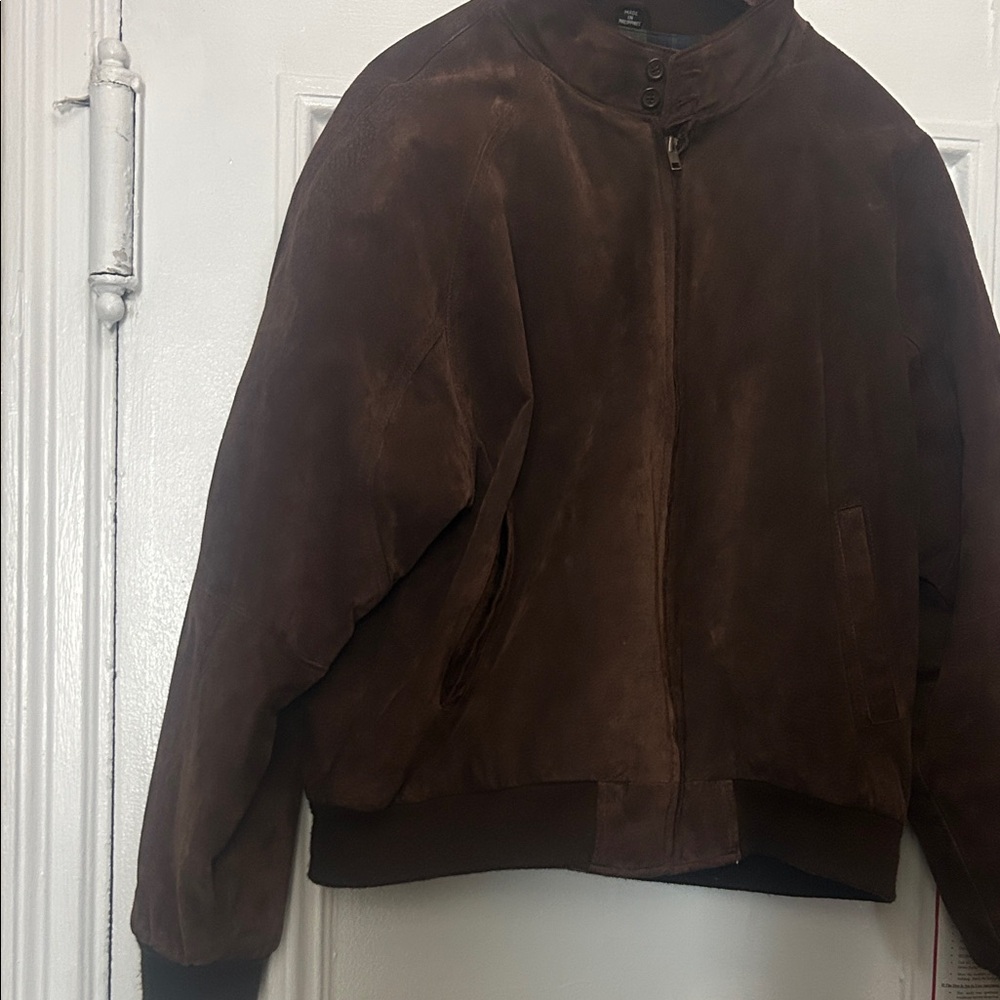 U2 Wear Me Out Brown suede bomber jacket lined with Plaid interior